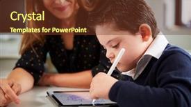  Presentation with school desk - PPT theme with stylus - close up of young female background and a tawny brown colored foreground