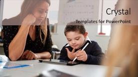  Presentation with down syndrome - Theme consisting of stylus - young female teacher working background and a coral colored foreground