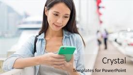  Presentation with mobile phone in woman hand - PPT theme with su - woman suing mobile phone background and a soft green colored foreground