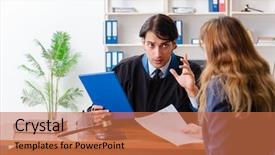  Presentation with lawyer - PPT theme having su - young woman visiting male lawyer background and a coral colored foreground