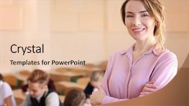  Presentation with classroom - Beautiful presentation design featuring subjection women - portrait of happy teacher backdrop and a lemonade colored foreground