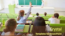  Presentation with student - Colorful PPT layouts enhanced with subjection women - student lifts hand and answers backdrop and a tawny brown colored foreground
