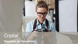  Presentation with studio audio tape - Audience pleasing PPT layouts consisting of subjection women - woman with photocamera working backdrop and a gray colored foreground