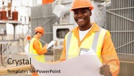  Presentation with substation - Slide deck enhanced with substations - happy african american technician holding background and a coral colored foreground