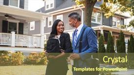  Presentation with work life balance scales business - Cool new presentation with suburbia - business couple with baby son backdrop and a tawny brown colored foreground