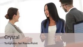  Presentation with team discussion - Colorful slide set enhanced with succesion planning - friendly business team having discussion backdrop and a light gray colored foreground