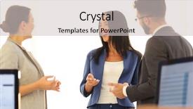  Presentation with team discussion - Cool new presentation design with succesion planning - friendly business team having discussion backdrop and a light gray colored foreground