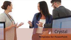  Presentation with team discussion - Beautiful theme featuring succesion planning - friendly business team having discussion backdrop and a red colored foreground