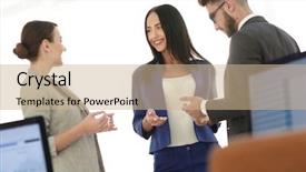  Presentation with team discussion - Presentation design featuring succesion planning - friendly business team having discussion background and a coral colored foreground