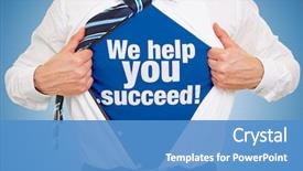  Presentation with consulting - Cool new slide deck with success - man carries slogan we help backdrop and a teal colored foreground