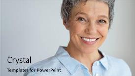 Presentation with woman business - PPT theme with success - portrait of happy senior woman background and a light blue colored foreground
