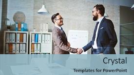 Presentation with negotiation - Cool new presentation theme with success - successful businessmen handshaking after negotiation backdrop and a light blue colored foreground