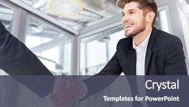  Presentation with shaking hands - Cool new slide deck with success - two smiling successful young businessmen backdrop and a dark gray colored foreground