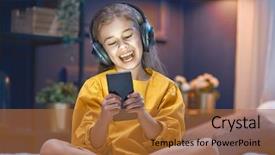  Presentation with music headphones - Presentation theme having success action ideas time - little girl with headphones background and a  colored foreground