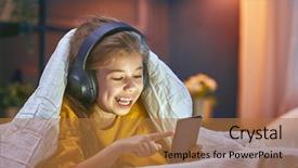  Presentation with music headphones - Amazing PPT theme having success action ideas time - little girl with headphones backdrop and a coral colored foreground