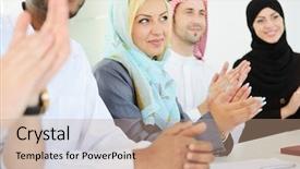  Presentation with group - Amazing PPT theme having success arabic - group of business people applauding backdrop and a coral colored foreground