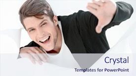  Presentation with breaking through - Amazing presentation design having success breakthrough - smiling businessman breaking backdrop and a sky blue colored foreground