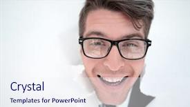  Presentation with breaking through - Colorful slide deck enhanced with success breakthrough - young businessman breaking backdrop and a sky blue colored foreground