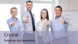  Presentation with winning - Colorful presentation theme enhanced with success business office and winning concept - happy business team showing thumbs up in office backdrop and a light blue colored foreground