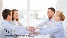  Presentation with victory team - PPT theme featuring success business office and winning concept - happy business team celebrating victory in office background and a light blue colored foreground