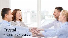  Presentation with victory team - Presentation design with success business office and winning concept - happy business team celebrating victory in office background and a light blue colored foreground