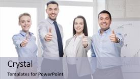  Presentation with winning - Beautiful presentation featuring success business office and winning concept - happy business team showing thumbs up in office backdrop and a light blue colored foreground
