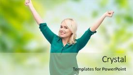  Presentation with joy - Cool new slide deck with success celebration - female summer joy plus size backdrop and a soft green colored foreground