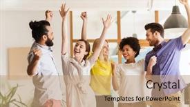  Presentation with victory team - PPT theme enhanced with success celebration - happy creative team celebrating victory background and a coral colored foreground