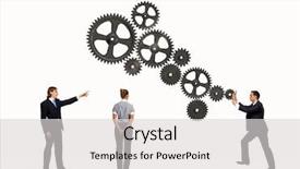  Presentation with elements - Presentation design featuring businessman and businesswoman with cog background and a white colored foreground