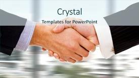  Presentation with business and politics handshake - Theme featuring success collaborate - business handshake at the office background and a  colored foreground