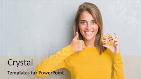  Presentation with chocolate chip - Slides enhanced with success cookie - beautiful young woman over grunge background and a yellow colored foreground
