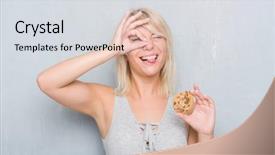  Presentation with woman praying over bible - Slide deck featuring success cookie - caucasian adult woman over grey background and a sky blue colored foreground