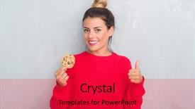  Presentation with chocolate chip - Amazing presentation design having success cookie - young adult woman over grey backdrop and a red colored foreground
