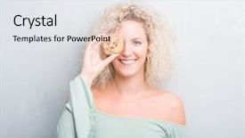  Presentation with chocolate chip - Colorful presentation theme enhanced with success cookie - young blonde woman over grunge backdrop and a white colored foreground