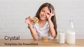 Presentation with chocolate milk - Colorful slide deck enhanced with success cookie - young hispanic kid sitting backdrop and a coral colored foreground