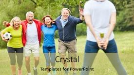  Presentation with team group - Cool new PPT theme with friends and successful winning team backdrop and a yellow colored foreground