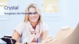  Presentation with diamond - Presentation design consisting of success diamond - successful woman portrait - jewelry background and a sky blue colored foreground