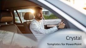  Presentation with sleepy yawning man driving car - Cool new PPT theme with success elegant businessman driving car backdrop and a light blue colored foreground