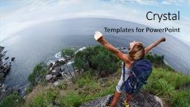  Presentation with mountain top - Presentation having success freedom - hiker with raised hands standing background and a light blue colored foreground