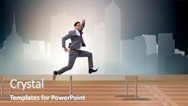  Presentation with success business - Beautiful PPT layouts featuring success hurdles - businessman jumping over barriers backdrop and a coral colored foreground