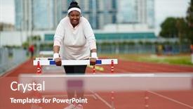  Presentation with plus size fashion model - Presentation enhanced with success hurdles - happy plus-sized woman in activewear background and a coral colored foreground