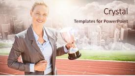  Presentation with congratulations trophy - Beautiful theme featuring success hurdles - successful businesswoman holding a trophy backdrop and a lemonade colored foreground