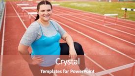  Presentation with power of one - Theme with success hurdles - successful overweight woman keeping one background and a coral colored foreground