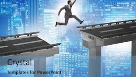  Presentation with bridge - PPT layouts having success hurdles - young businessman jumping background and a light blue colored foreground