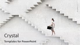  Presentation with stepping stone - Audience pleasing presentation design consisting of success leadership - businesswoman with suitcase stepping up backdrop and a light gray colored foreground