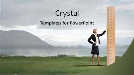  Presentation with measuring - Beautiful theme featuring success measure - young businesswoman measuring something backdrop and a light gray colored foreground