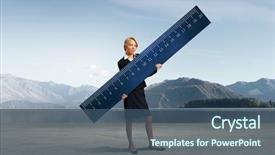  Presentation with measuring - Slide set with success measure - young businesswoman measuring something background and a ocean colored foreground