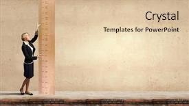  Presentation with geodetic engineering surveying measuring equipment - Slide set having success measure - young businesswoman measuring something background and a lemonade colored foreground