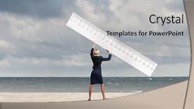  Presentation with measuring - Slide set enhanced with success measure - young businesswoman measuring something background and a light gray colored foreground
