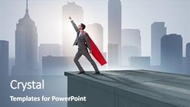  Presentation with businessman climbing the career ladder - Cool new slide deck with superhero successful in career ladder backdrop and a ocean colored foreground